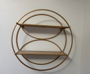 Round Wall Shelf Gold, 2 Tier Metal & Wood Circle Shelf Set