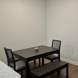 •Modern Extendable Dark Wood Dining Table Set – 2 Chairs & 2 Benches