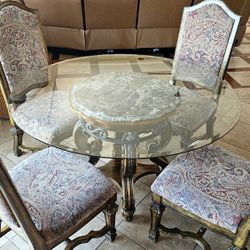 Beautiful Dining Table With Chairs Hand Carved Solid Wood & Marble