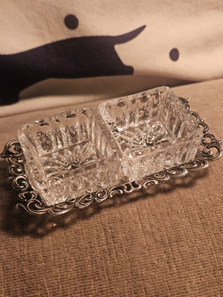 Antique Sterling & Lead Crystal Salt & Pepper Cellar 