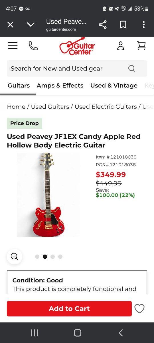 Peavey JF1EX Candy Apple Red Hollow Bodied Electric Guitar