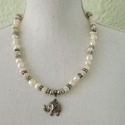 Elephant Charm Cultured Freshwater Pearls Necklace Rhinestone Silver Plated 20"