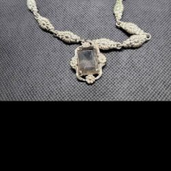 Vintage Silver Coated  With Square Stone Necklace
