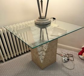 Stone Pedestal Side Table with Glass Top