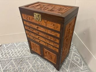 Chinoiserie High Relief Village Scene Carved 4 Drawer Silverware Cabinet with Red Felt Lining