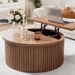 35” Round Lift Top Coffee Table with Hidden Storage, Modern Coffee Tables for Living Room, Wood Fluted Center Tables for Home ,walnut