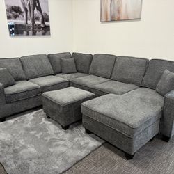 Dark Gray Sofa Sectional + Ottoman Set - Free Delivery 