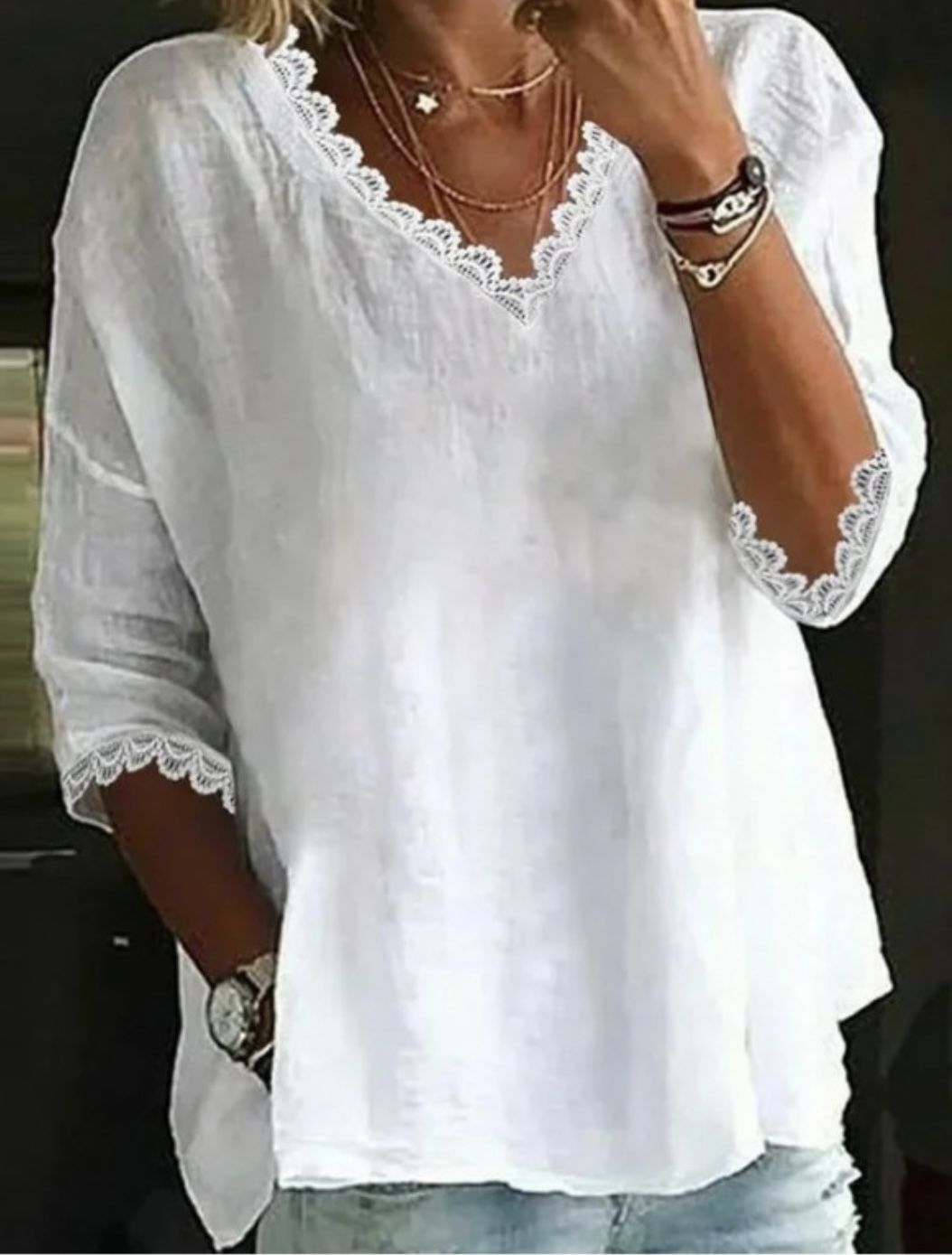 WOMEN’S WHITE COTTON BOHO LACE VNECK 3/4 SLEEVE BLOUSE
