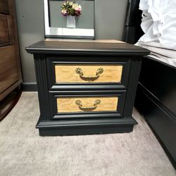 Solid Wood Oak MCM Nightstand Solid  Black Chalk Paint Finish with Exposed Wood Grain Gold Hardware