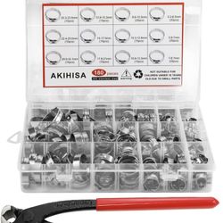 AKIHISA 180 PCS Single Ear Hose Clamps, 12 Sizes 5.3-33.1mm Crimp Hose Clamps with Ear Clamps Pincer, 304 Stainless Steel Crimp Pinch Fitting Tools Ki