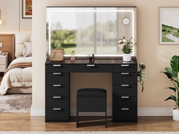 46'' Large Makeup Vanity Desk Set with Large LED Lighted Mirror & Power Outlet, Glass Top Vanity with 11