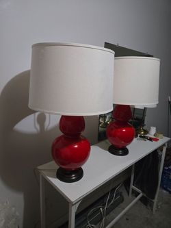 Pair of Red Ceramic Double Gourd Table Lamps