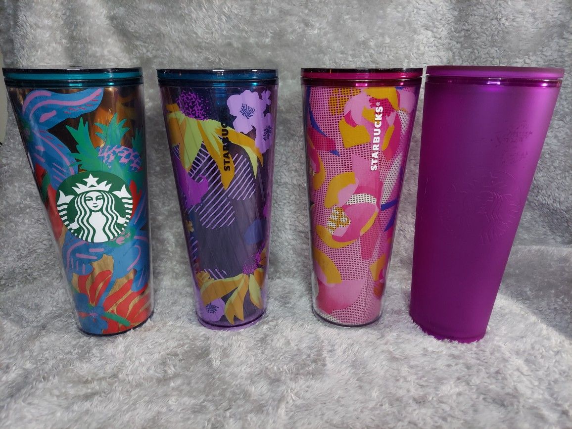 4 Starbucks Tumblers 24 Oz Plastic Various Color And Print No Straws Must Pick Up