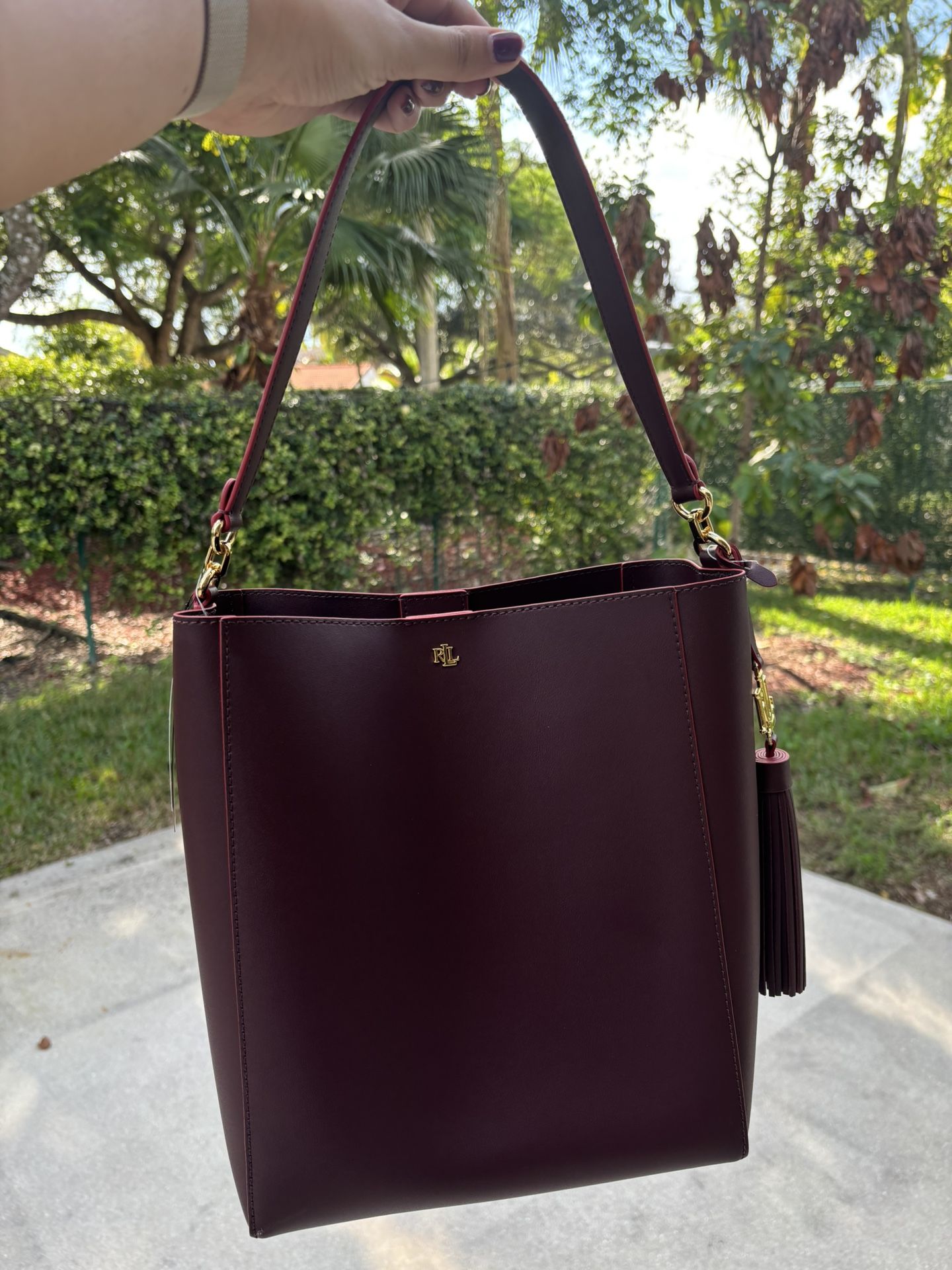 Lauren Ralph Lauren Burgundy Leather Shoulder Bucket Bag – New With Tags