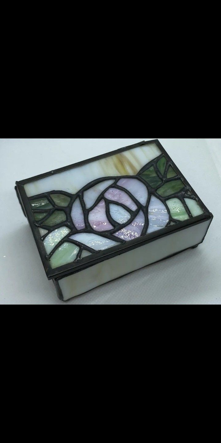 Vintage Stained Glass Jewelry or Trinket Box with Flower Hand Made Original Hinged Pink Rose