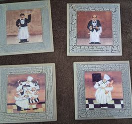 Vintage Bistro "Fat Chef" & Waiters Kitchen Wall Art Plaque Set - 3D Decor