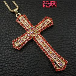 Beautiful! Red & Red Iridescent Crystal Cross Charm w/Free Chain $15.