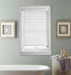 33 7/8”W x 64” long  white 2” wood faux blinds