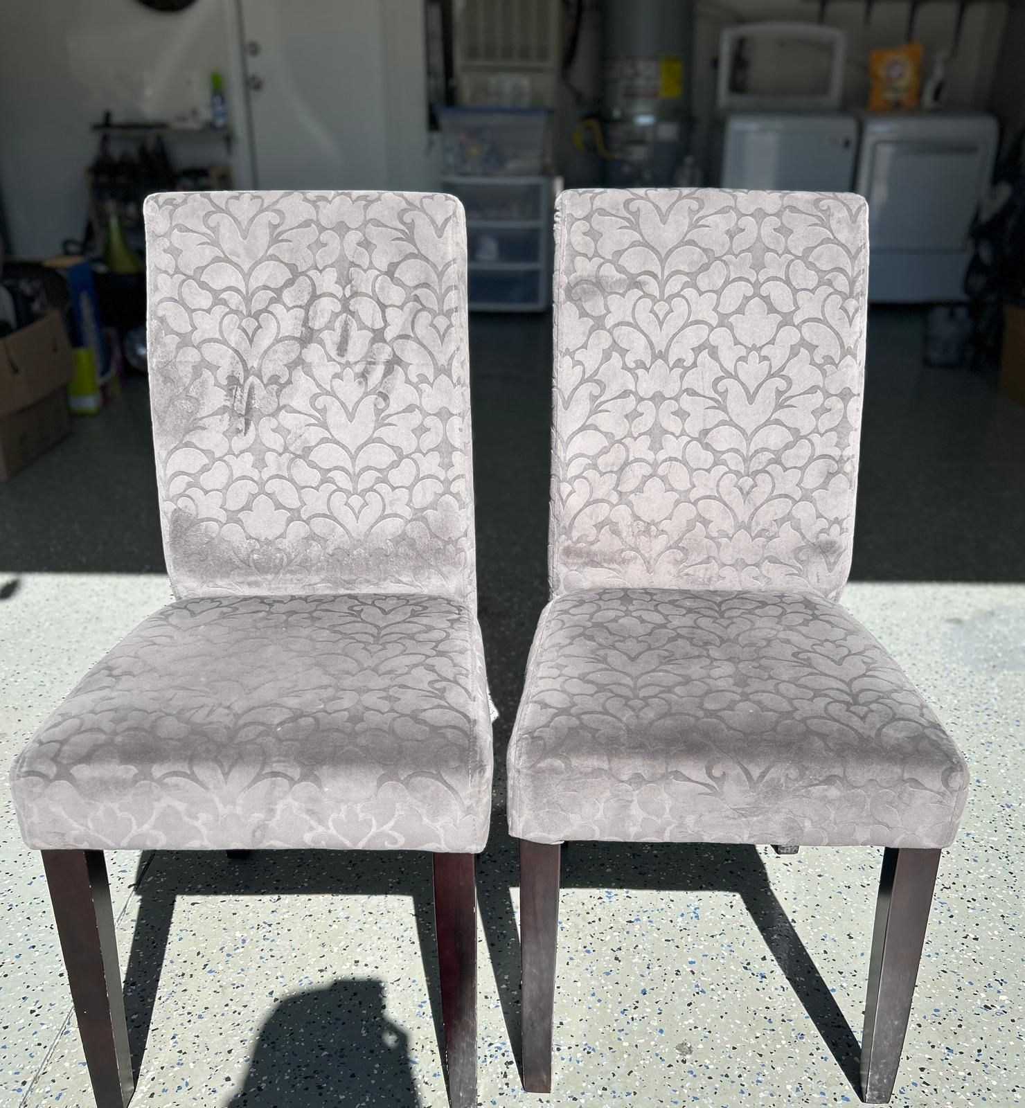 Pair of Elegant Light Grey Dining Chairs - Damask Pattern