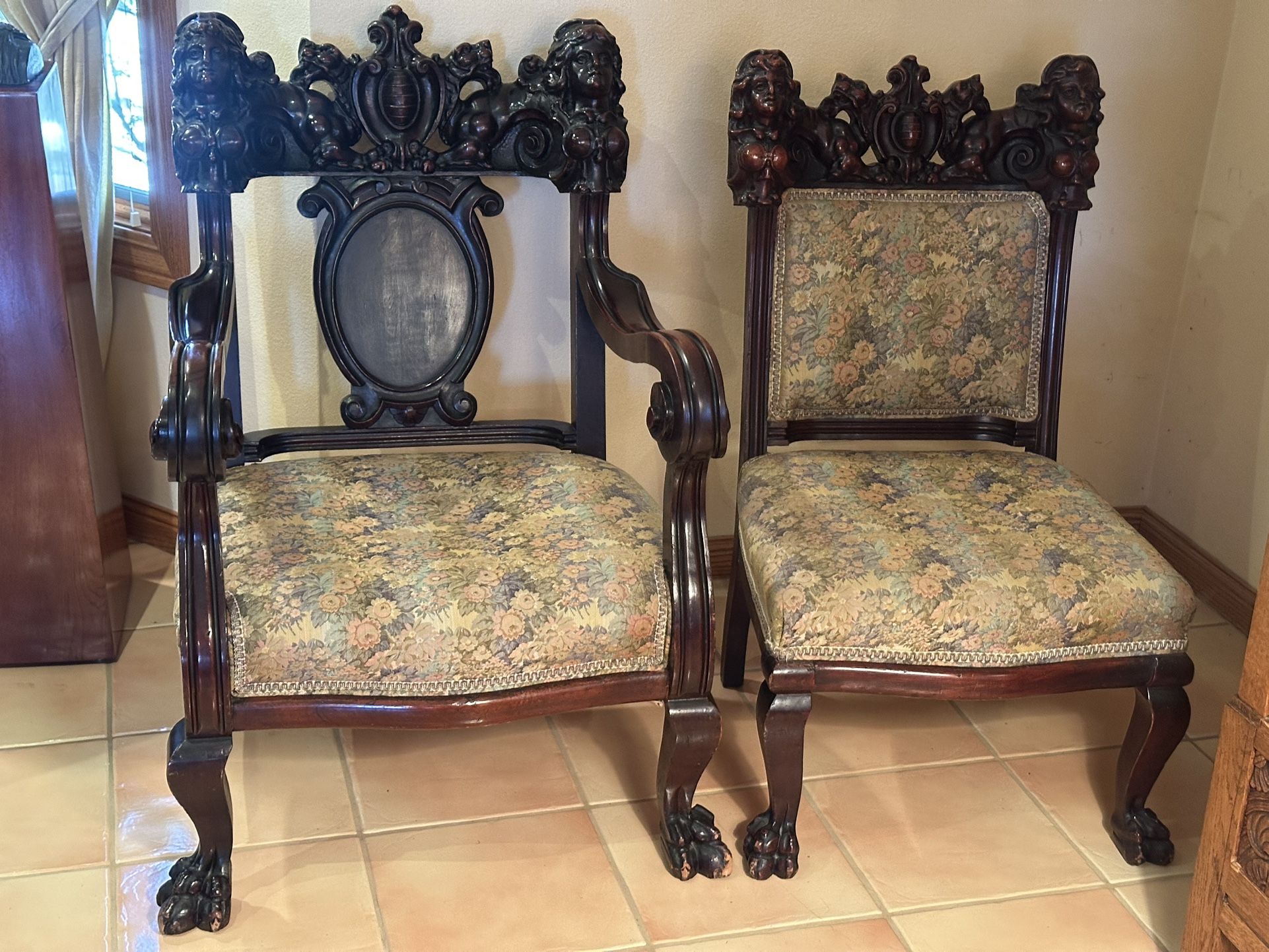 Set of 2 Exquisite Antique(1800’s) Karpen Bros. Carved Mahogany Arm Chair and Chair