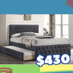 New In Box FULL BED W/TRUNDLE  CHARCOAL BURLAP  And 2 Mattresses.