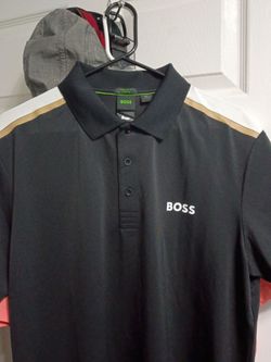 Hugo Boss polo XL performance black white n gold accents