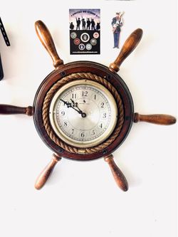 Vintage Brass & Wood Clock Ship's Time Walnut Wheel Nautical