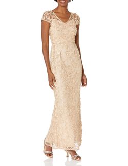 Adrianna Papell Women's  AP1E209204  Gold Metallic Embroidery Gown - with tag