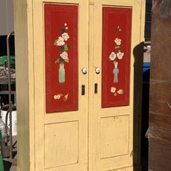 Vintage Chinese-style armoire or wardrobe with hand-painted floral panels