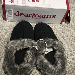 🆕 Dearfoams Women Black Slipper clogs with Faux Fur - Size 7