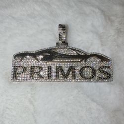 Custom “PRIMOS” Iced-Out Moissanite Pendant (Sterling Silver, One-of-One Car Logo Design)