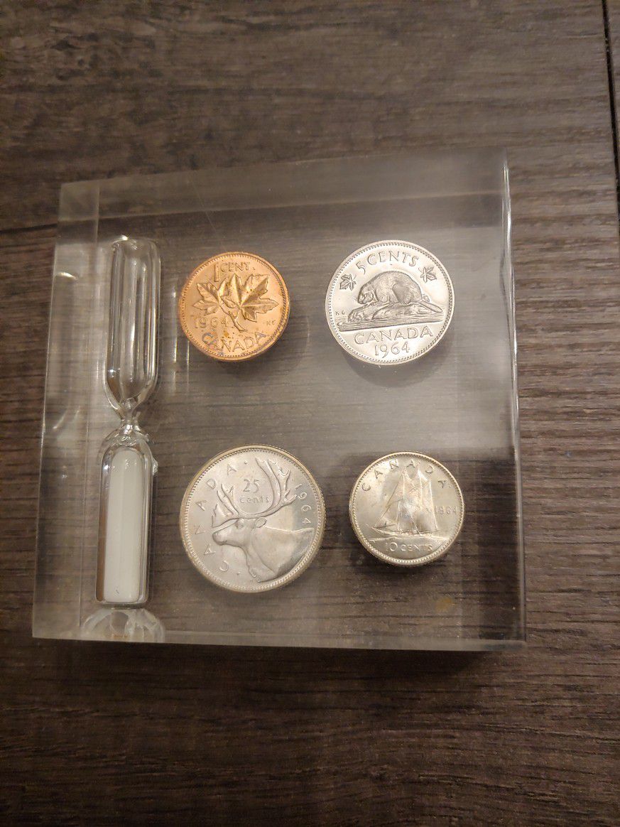 1964 Canadian coins in acrylic block with hour glass