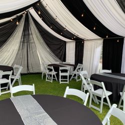 Draping—-tent——tablecloth——backdrop——balloongarland——-resinchairs——