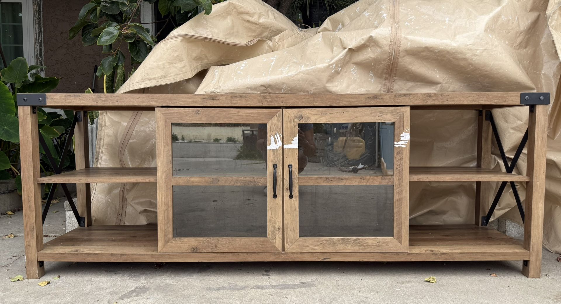 Sophie Rustic Farmhouse X Frame Glass Doors TV Stand
