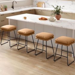 Counter Stools, Set of 4. Bar Stools with Cushion and Sled Base, Counter Height for Kitchen Island, Synthetic Leather and Steel, 16.5 x 17