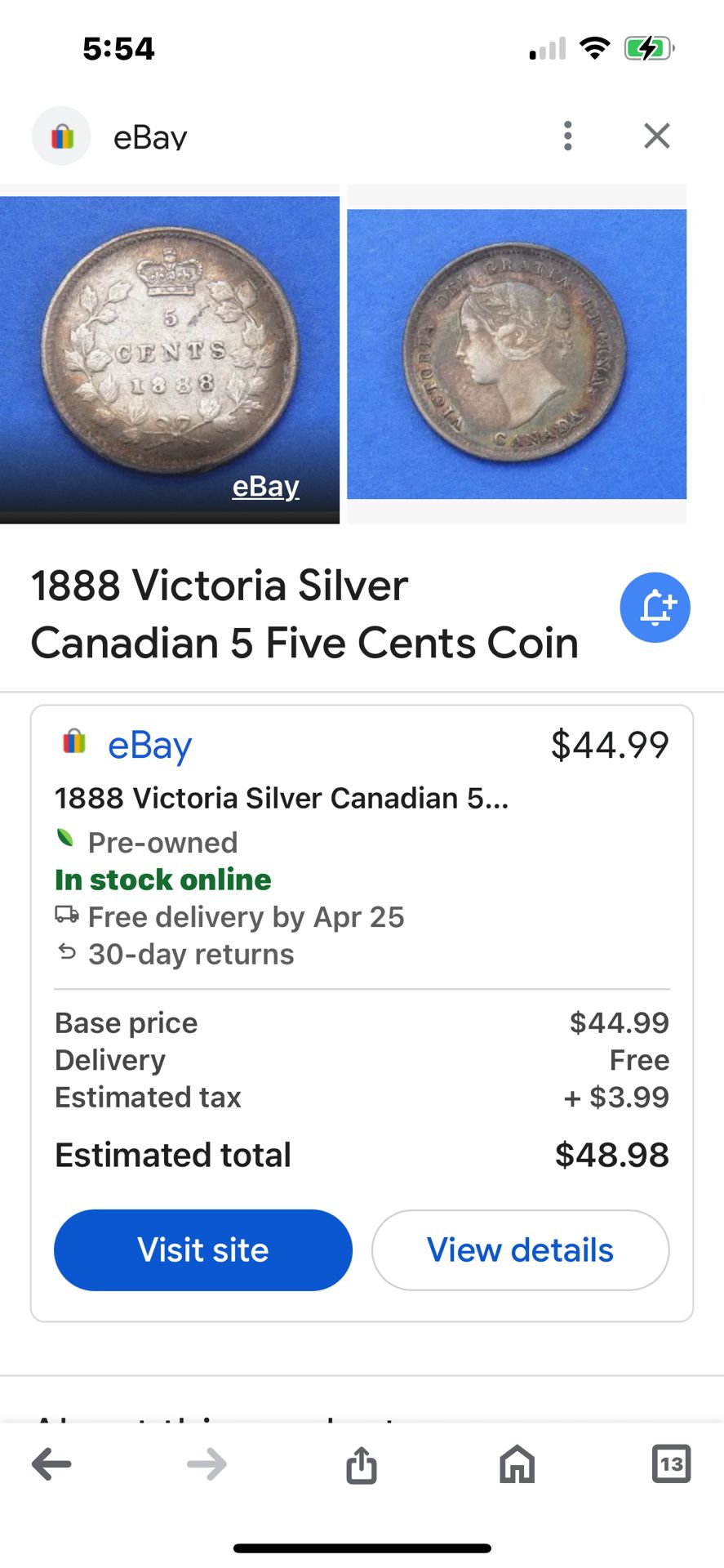 1888 Silver Canadian 5 Cents Coin 
