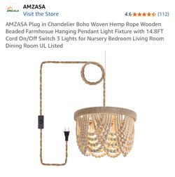 Brand New AMZASA Boho Wood Beaded Plug-In Pendant Chandelier