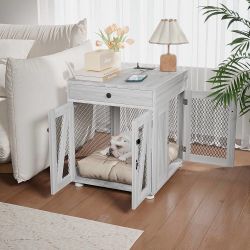 Wooden Dog Crate End Table with USB Charging Station, Gray Dog Crate Furniture with Storage Drawer, Double Latched Door, Furniture-Style Crate Side Ta