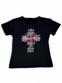 Y2K Vintage Cross Gothic Emo Short Sleeve Affliction Style Rhinestone Black Pink 2000s - Size Small    Measurements: Pit to pit - 16 1/2in  Length - 2