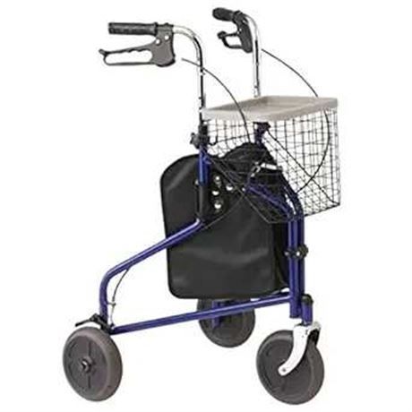 Medline 3-Wheel Ultralight Rollator, Steel Frame, Includes Wire Basket and Storage Bag, Supports up to 275 lbs