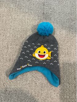 Baby Shark Kids Winter Beanie Hat w/ Pom Pom & Ear Flaps – Gray/Blue