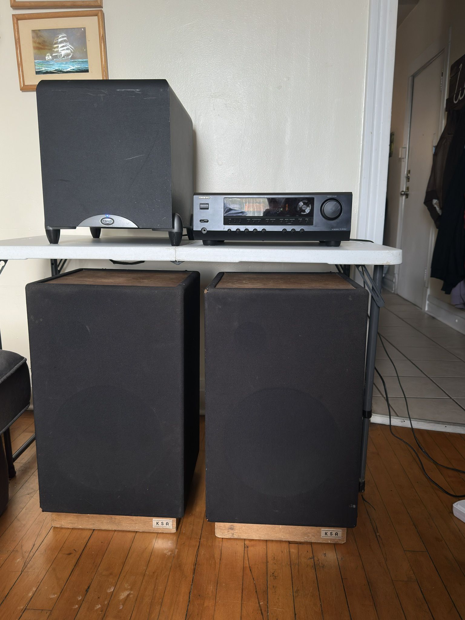 Vintage Stereo Equipment. KSA Speakers, Klipsch Sub 10, And Onkyo TX-SR 304.