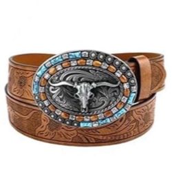 New Men’s Large Brown Western Belt with Silver Buckle