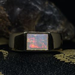 Specialty Cut Adjustable Brazilian Opal Ring With Roaring Scattered Flames