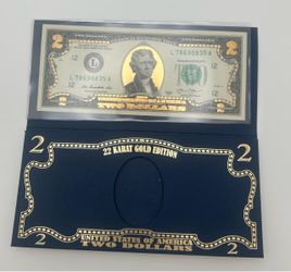 $2 Bill 22k Gold Leaf Blue Folder.