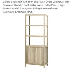 Oxford Bookshelf, Tall Book Shelf with Doors Cabinet, 5-Tier Bookcase, Wooden Bookshelves with Fluted Panel, Large Bookcases with Storage for Living R