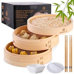 KITCHEN CRUST Full Set Bamboo Steamer for Authentic Chinese Asian Cuisine - 2 Tier 10-Inch Steam Basket Bun Steamer, Sauce Dish, 2x Pair Chopsticks, 2
