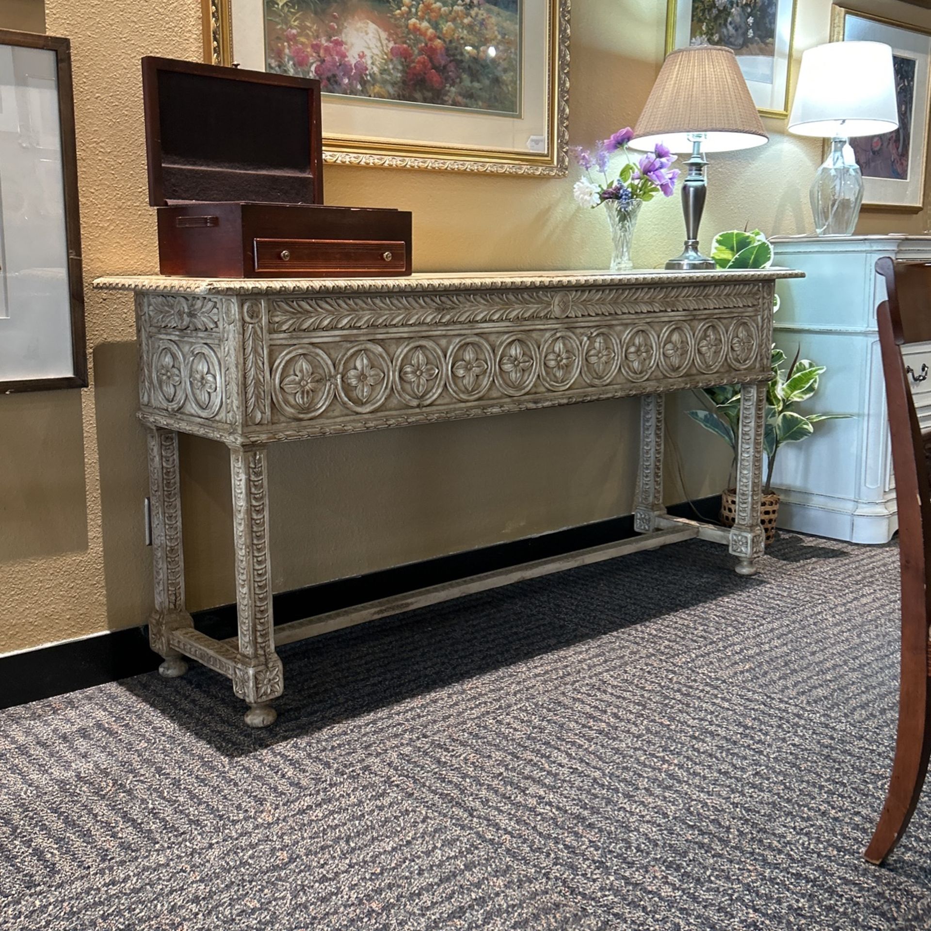 Ornate Carved Wood Console Table Beige