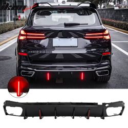 Fits 2019-2026 BMW X5 G05 M Sport IKON Rear Bumper Diffuser Lip W/ LED PP Gloss Black