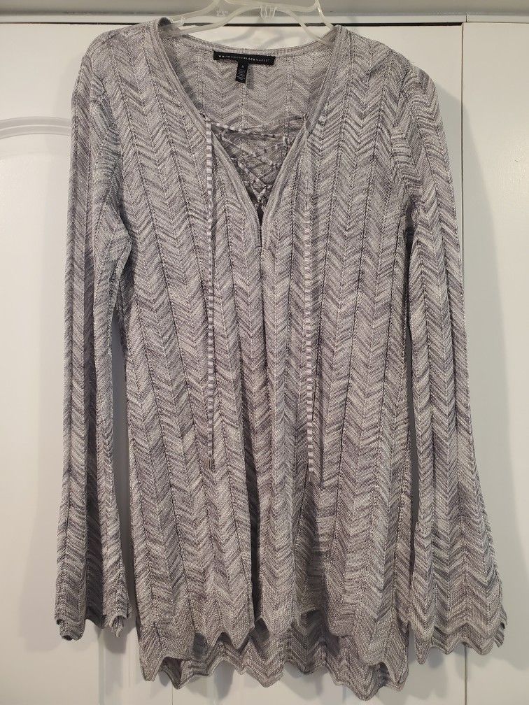 White House Black Market Womens Tunic Sweater Gray Chevron Criss Cross Lace Up S